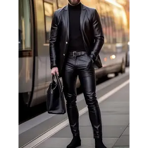 2pcs Solid Color PU Leather Suit Set, Stylish, Durable Menswear Polyester