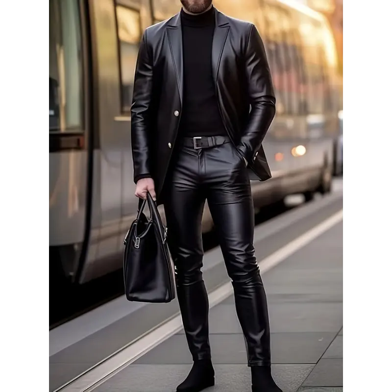 2pcs Solid Color PU Leather Suit Set, Stylish, Durable Menswear Polyester