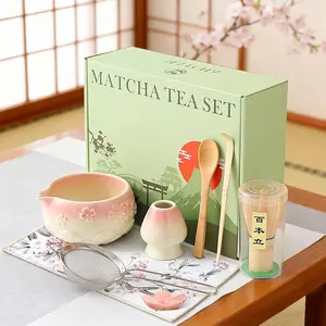 Matcha Whisk Set, 8 count Matcha Kit Set With  Cherry Blossom Embossed  Includes 18 OZ Bowl,  Whisk, Ceramic Holder,  Scoop x2, Scoop Rest, Stainless Sifter and  Towel