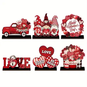 Valentine's Day Wooden Desktop Decoration, 6 Counts/set Love Themed Desktop Ornament, Decorative Decoration for Home Office Desk, Vanity Decor Accessories