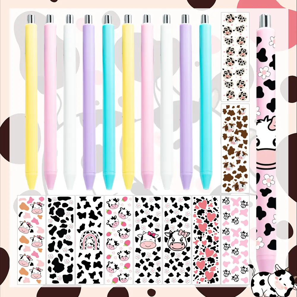 Elegant Cow Print Pen Wraps, UV DTF Sticker Set with Pens, DIY Craft Stationery for School Students, Animal Print, Stickers