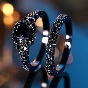 2pcs Classic Men's and Women Synthetic Synthetic Zirconia Engagement Ring Set, Dark Color Wedding Jewelry