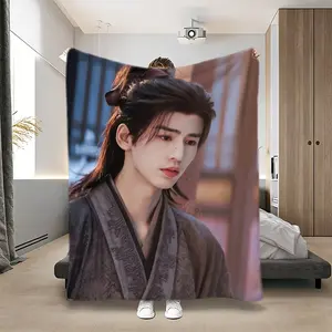 1pc Printed Flannel Blanket Featuring Xiao Li (Portrayed by Zhang Linghe) in Gui Luan (The Road to Glory) - Brown Robe Close-Up, Suitable for All Seasons, Soft And Comfortable, Perfect for Sofas, Beds, And Office Naps-280GSM