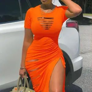 ChicMe Ladder Cut Out Hollow Out Ruched Slit Bodycon Dress for Women Side Slit Drawstring Club Party Short Sleeve Midi Dresses