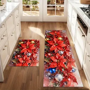 2Pcs Christmas And New Year Watercolor Printed Kitchen Floor Mat Set With Poinsettia Flowers Farmhouse Kitchen Carpet Restaurant Floor Laundry Room Decoration Carpet Mat Home Decor Rugs
