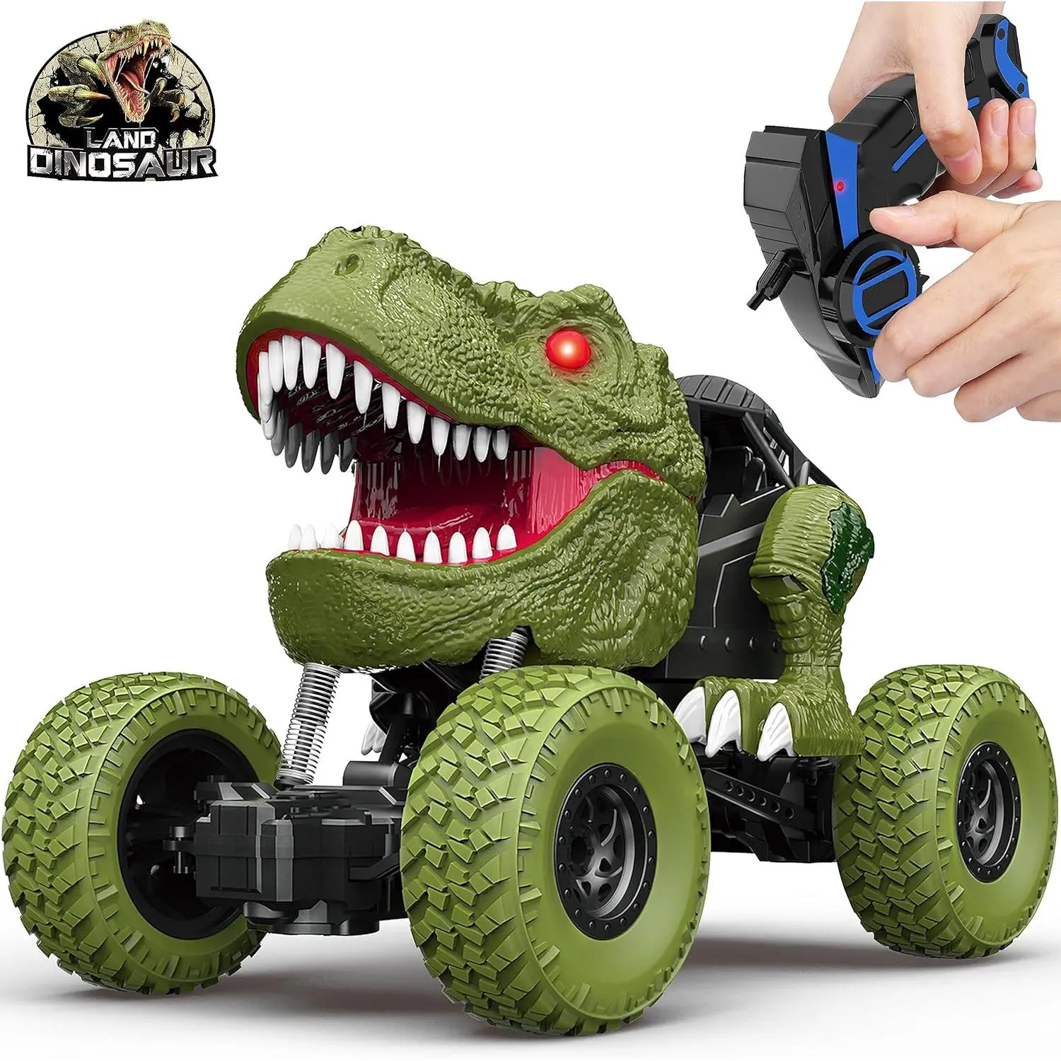 X-MTS04 Remote Control Dinosaur Car for Kids Boys, 2.4Ghz All Terrain Remote Control Dinosaur Truck with Light, Rechargeable 4WD Off Road RC Car Toys for Kids 3 4 5 6 7 8-12 Year Old Boys Girls Birthday Gift, Rubber, Led Headlights, Rechargeable Light, In