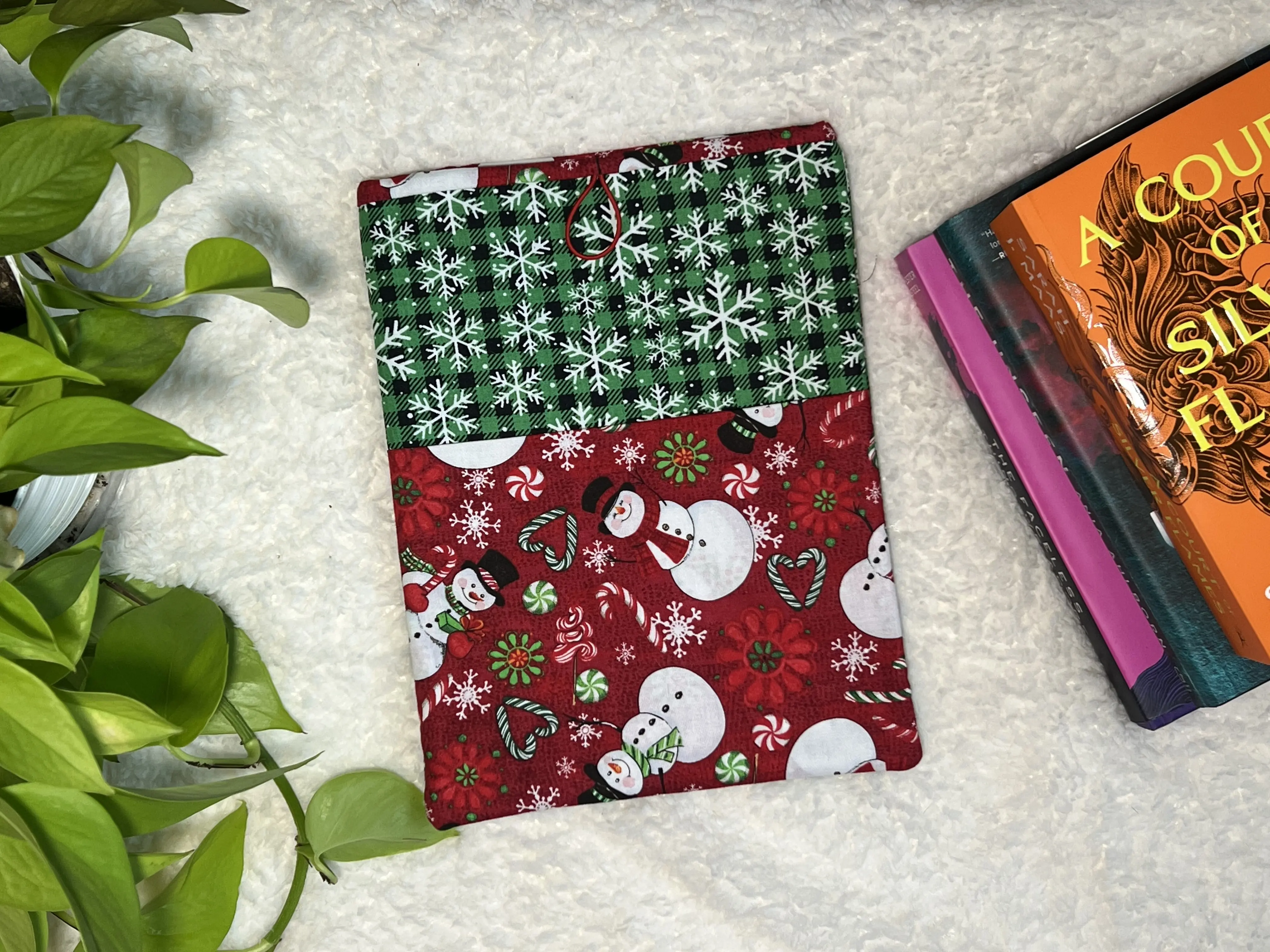 Large Red and Green Snowman and Snowflake Padded Fabric Book Cover Sleeve for Books and Tablets