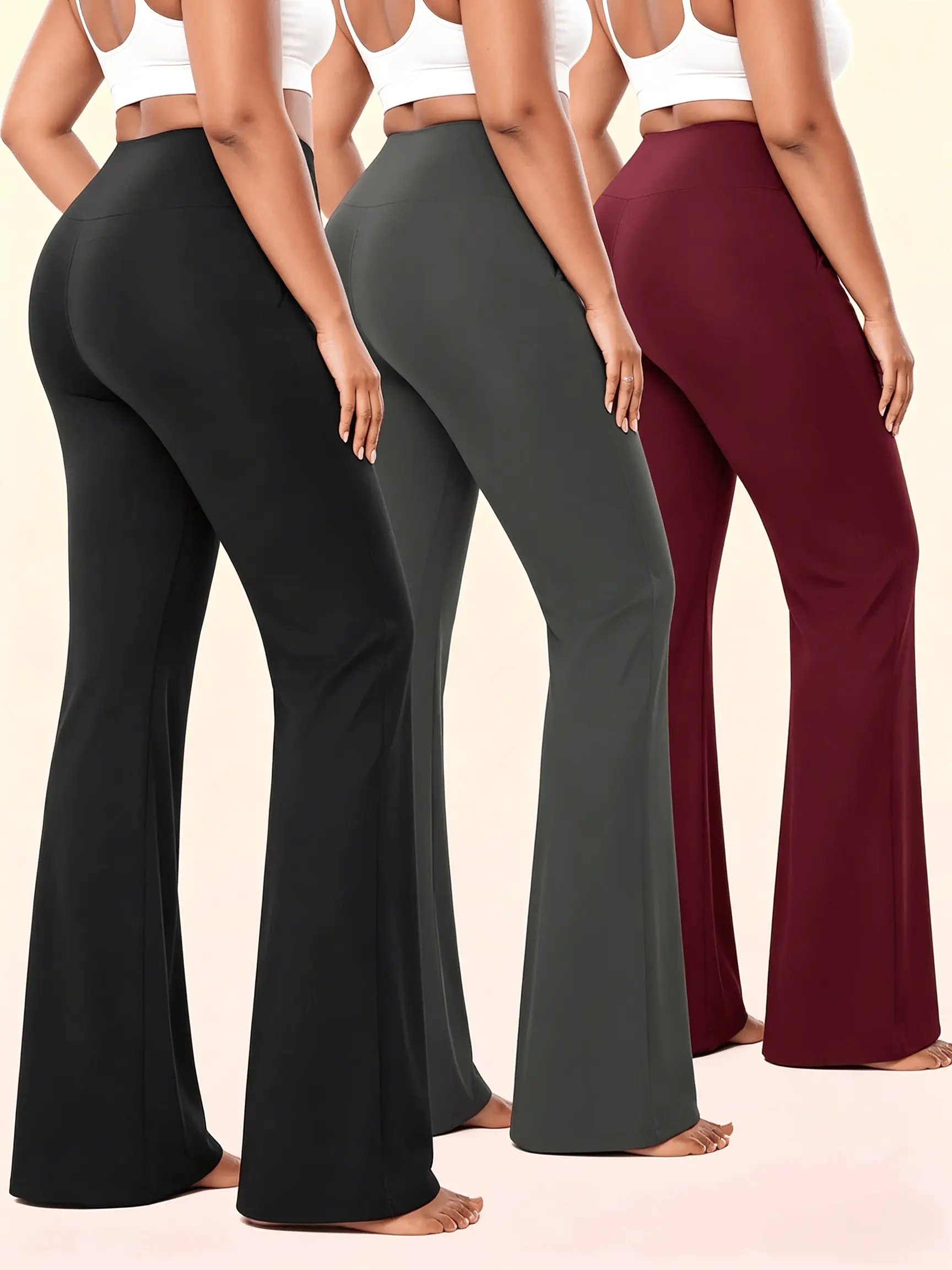 Women's Plus Size High-Waist Flare Yoga Pants, 3-Pack,   Sporty Chic Design,   Tummy Control, Soft, Pocketed, Squat-Proof Sports Bottoms for Summer Vacation,   Gym Activewear