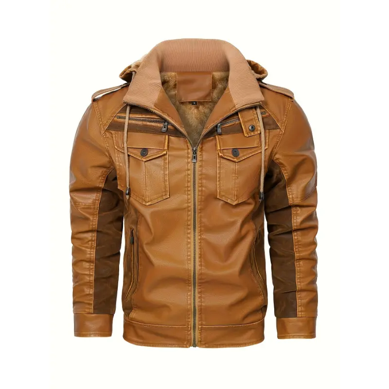 [Vintage Charm] Men's Warm Fleece-Lined PU Leather Jacket - Vintage Brown Biker Style with Zippered Hood, Plush Fur Collar & Cuffs, Long Sleeve Winter Coat for Casual Streetwear, Biker Jacket