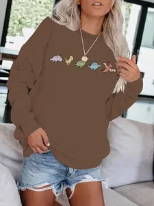 Women's Casual Cute Dinosaur Print Pullover Sweater, Soft Long Sleeve Round Neck Sweatshirt, Comfortable Daily Wear