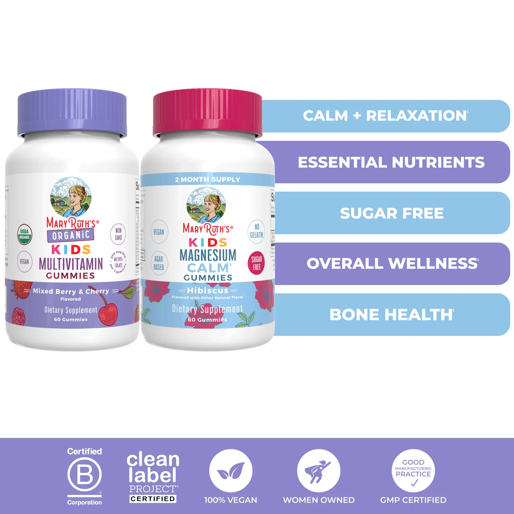 MaryRuth's Kids Organic Daily Health & Calm Bundle - Organic Kids Multivitamin Gummies & Kids Magnesium Gummies