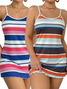 Women's Two-Pack Striped Sleepwear Set, Sexy Fitted Short Dress Design, Spaghetti Strap, All-Season Comfortable Night Wear, Perfect for Relaxing at Home Lingerie