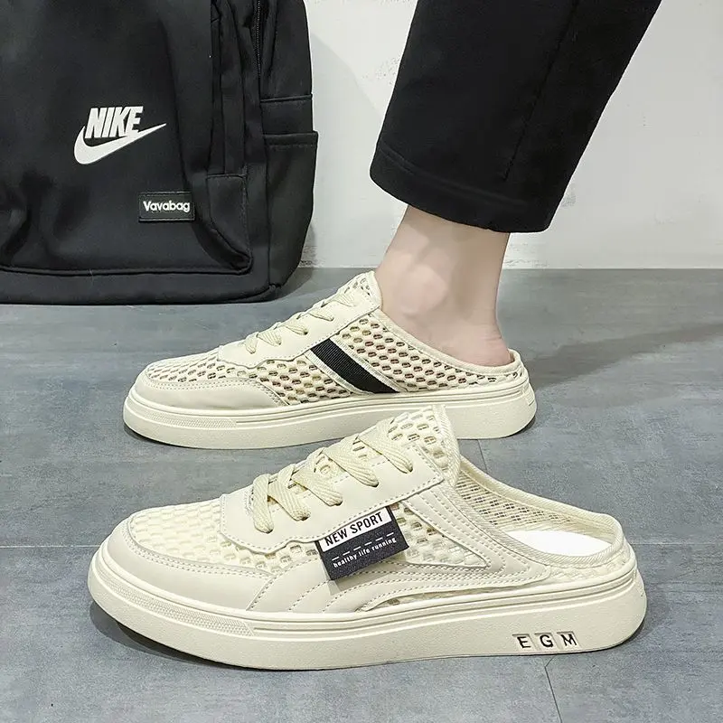 Mesh men's shoes, summer style, breathable, lightweight, casual, versatile slip-on sneakers, backless half-slippers, trendy shoes
