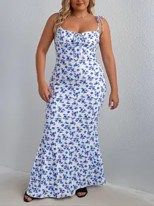 【Plus Size】All Over Print Dress, Bodycon Fit Dress, Boho Sleeveless Dress for Beach Holiday Vacation, Women's Clothes for Summer, Womenswear