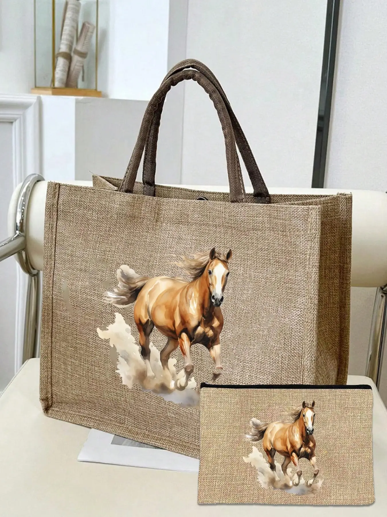 Watercolor Horse Print Linen Handbag and Coin Purse Set, Large Capacity Casual Shoulder Bag, Lightweight Shopping Bag, Travel Makeup Bag, Casual Handbags