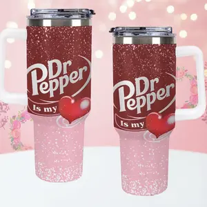 Dr Pepper Design 40oz Tumbler, Stainless Steel Cup with Handle, Straw and Lid, Insulated Large-Capacity Drinkware for Men and Women, Perfect for Home, Office, and Valentine's Day gift - Quick Delivery