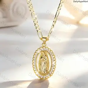 Guadalupe Medal Oval Zircon Pendant Necklace for Mother's Day Gift