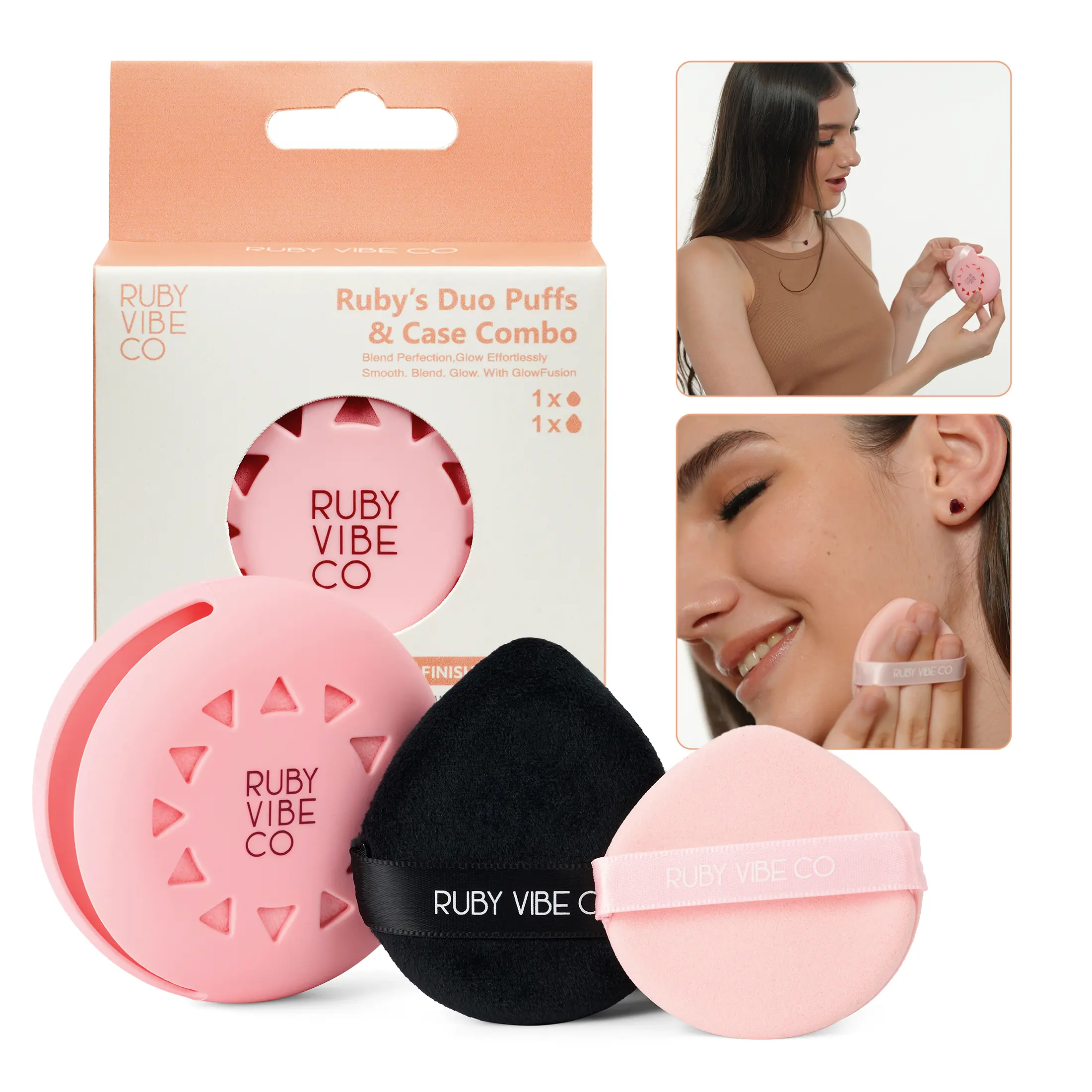 RUBY VIBE CO Powder Puffs & Makeup Puff Set with Silicone Case, Triangle Powder Puff & Air Puff for Face Powder, Latex-Free Powder Sponge for Liquid, Cream & Powder Makeup
