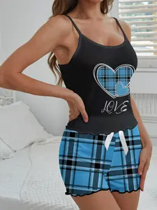 Women's Summer Casual Feminine Loose Fit Heart Pattern Love Sleepwear Set, Slim Letter Print & Bow Detail Pajamas for Vacation Relaxation