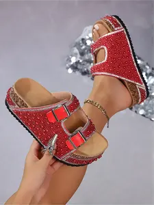 Bohemian Ethnic Style Strappy Metal Buckle Height-Increasing Holiday Beach Shoes, Dopamine Colors Y2K Hot Girl Must-Have All-Over Pearl T Sole Slides Women's 2026 New Summer Fashion Thick Sole Sandals Footwear
