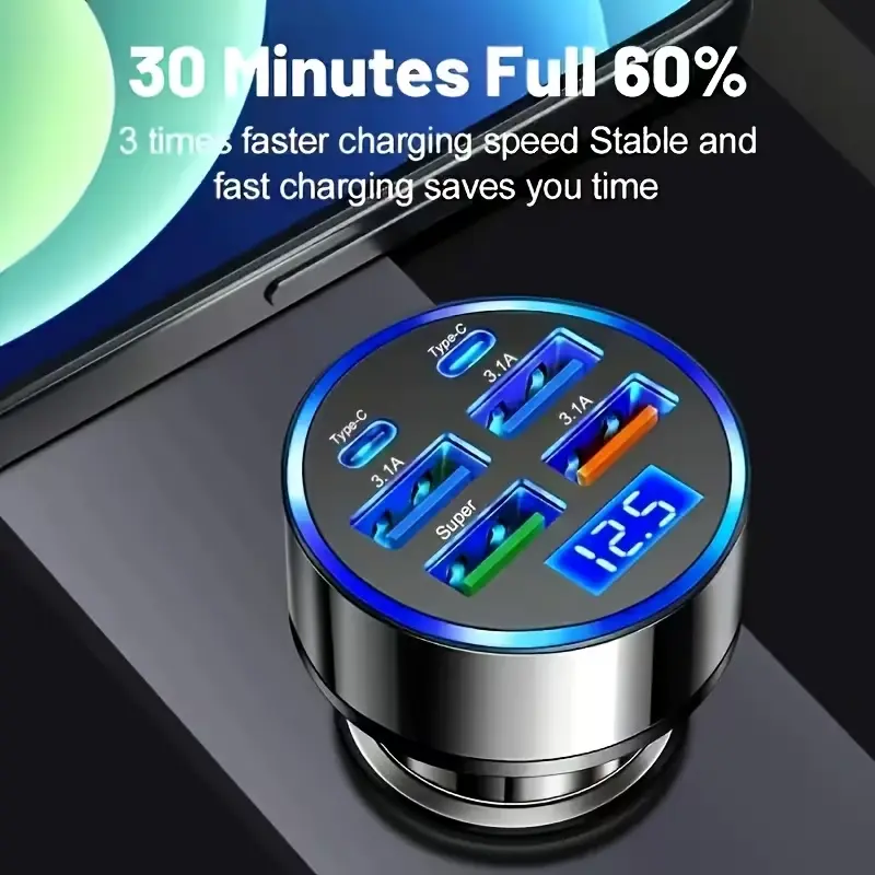 Multi-Port Car Charger with LED Voltage Monitor| 4 USB + 2 PD Cigarette Lighter Adapter| Universal Fit for Mobile Devices & Tablets-YY