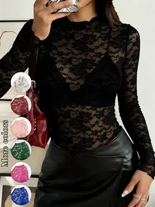 Women's Plain Feminine Lace Transparent Mesh Tee, Slim-Fit Sexy Long Sleeve Floral Ruffle Round Neck Top, Spring & Fall Fashion
