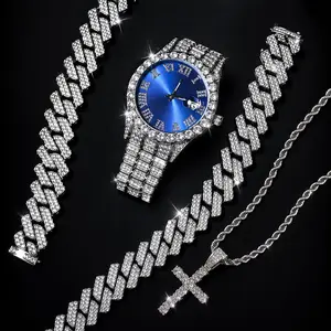 Hip Hop Bling 4Pcs Set - Iced Red Quartz Watch, Cuban Link Chain Bracelet & Cross Necklace for Men/Women, Rapper Style Jewelry Gift