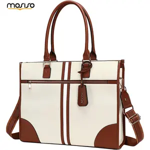 MOSISO Chic Polyester Women's 15.6in Laptop Tote Bag - PU Leather Patchwork Stripe Work Purse with Front Zipper Pocket, Large Capacity Waterproof Shoulder Handbag for Business, Daily Travel