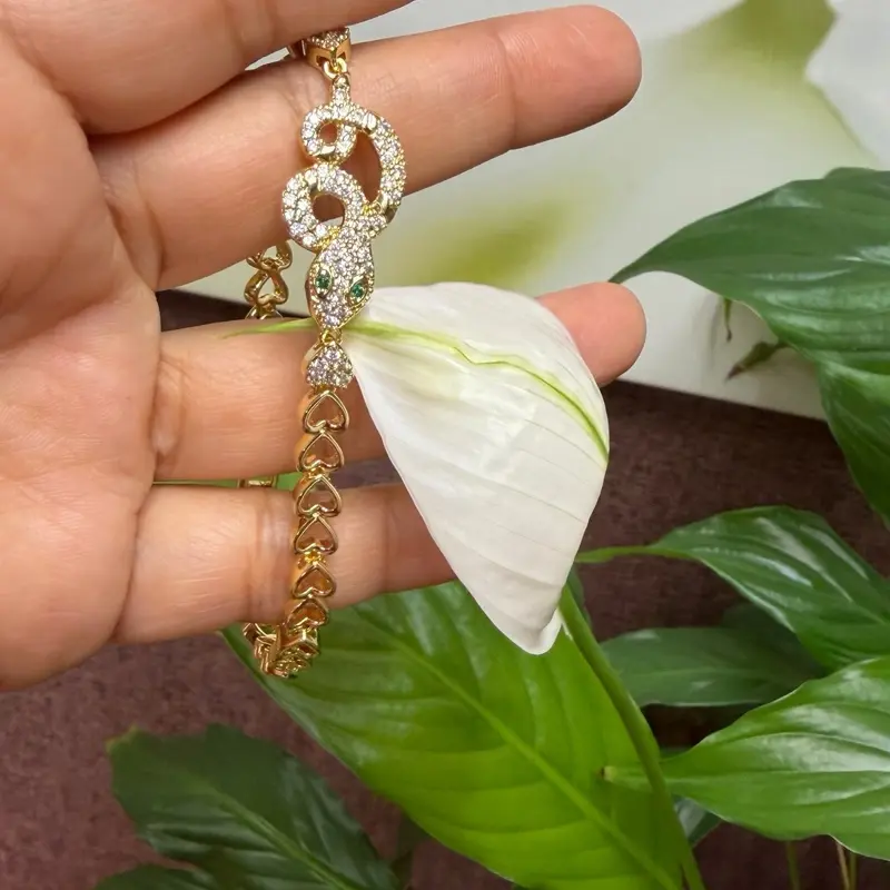 18K Gold-Plated Copper Bracelet, Elegant Shiny Zircon-Inlaid Flower Snake Design Artificial Gemstone Bracelet