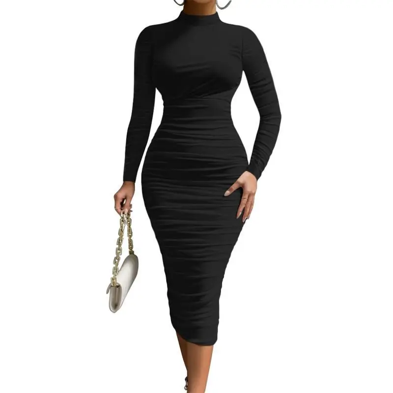 Women's Cocktail Bodycon Long Sleeve Mock Neck Mesh Ruched Midi - TikTok  Shop