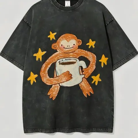Women's Round Neck Star Monkey Unisex Vintage Acid-Wash Graphic T-Shirt, Distressed Colorful Cotton Oversized Casual Wear Top - Natural Theme Streetwear Valentine's Day Gift