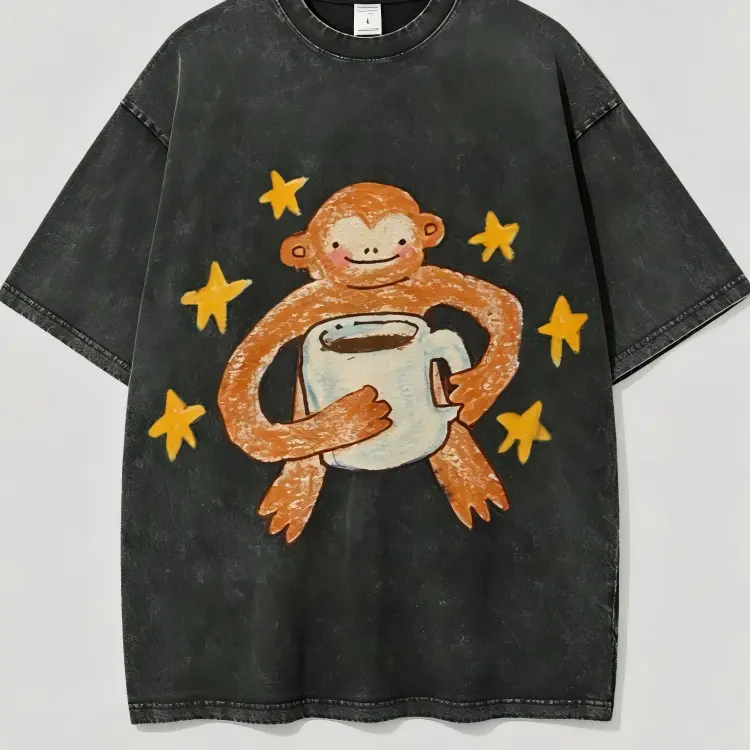 Women's Round Neck Star Monkey Unisex Vintage Acid-Wash Graphic T-Shirt, Distressed Colorful Cotton Oversized Casual Wear Top - Natural Theme Streetwear Valentine's Day Gift