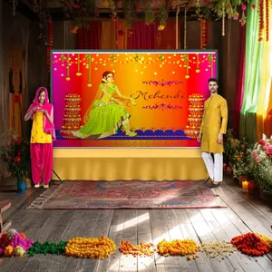 Elegant Mehendi Ceremony Backdrop | 5x8 Ft Vibrant Cloth | Perfect for Weddings, Pooja, Festivals | Add Cultural Heritage to Celebrations