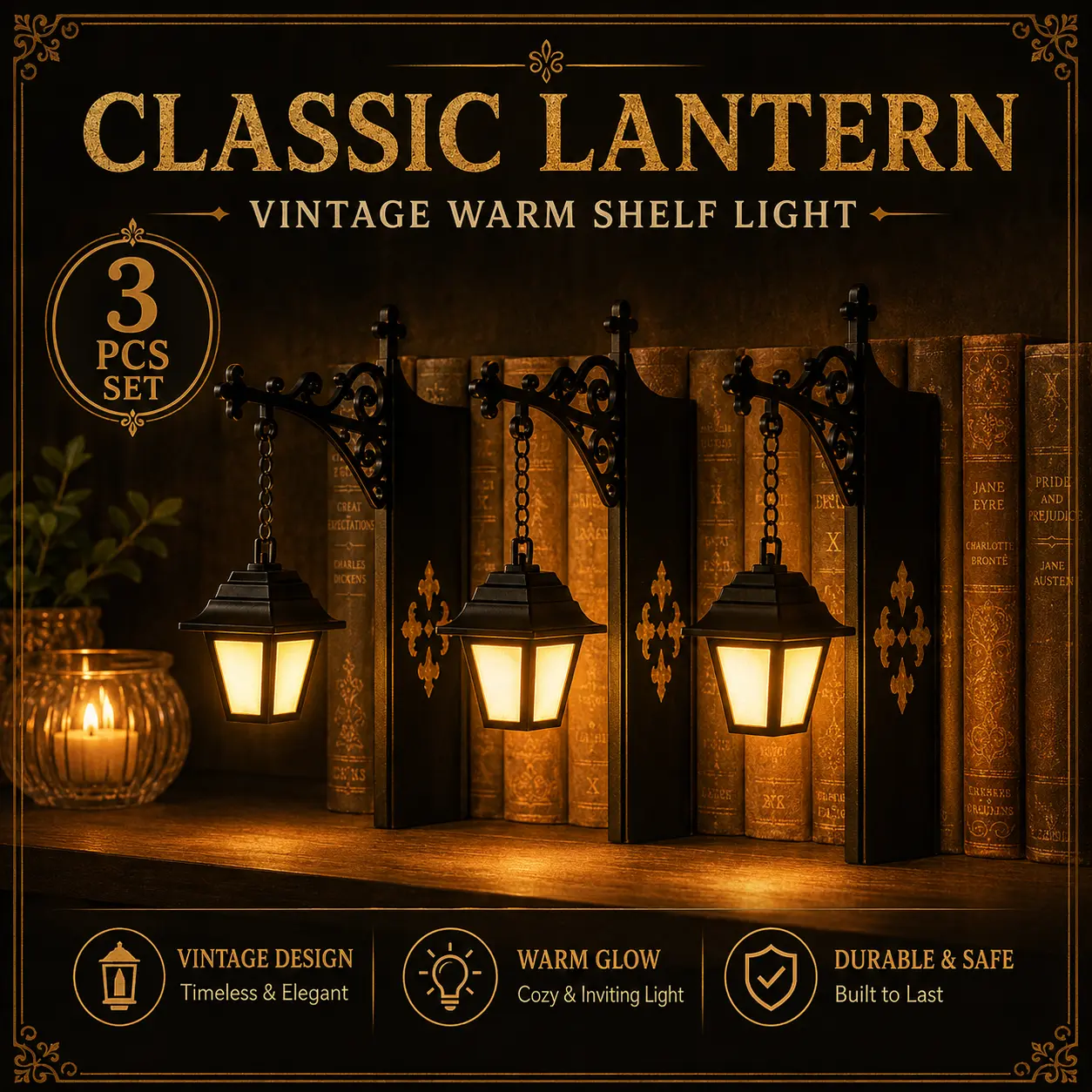 3-Pack Gothic Scroll Library Lanterns, Ambient Glow Bookshelf Lamps for Indoor Use, Cozy Mini Hanging Decorative Lamp, Warm LED Nightlight, Halloween Festive Home Supply