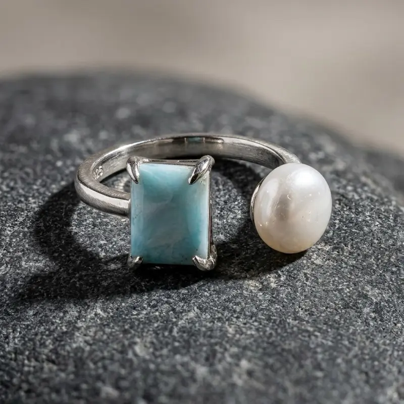 Natural Larimar and Pearl Gemstone Ring