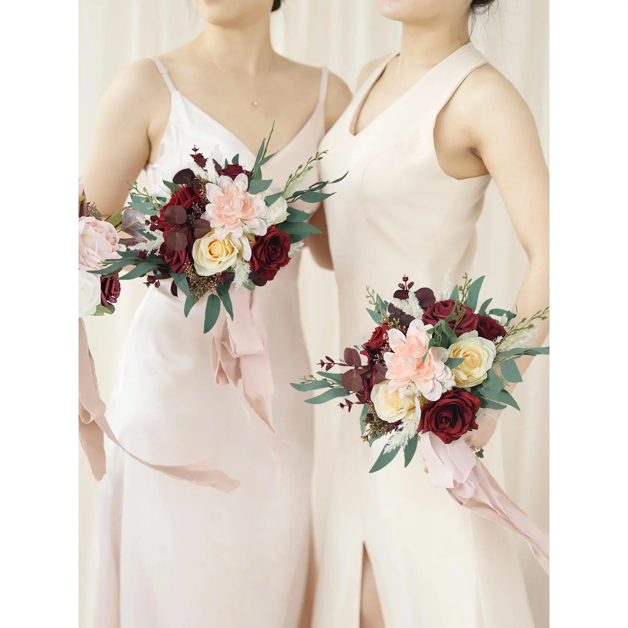 Rinlong Realistic Silk Flower Bridal Bouquet - 8.2 in Wide Burgundy Berry & Beige Flowers, All Seasons Wedding Supplies for Bridesmaids
