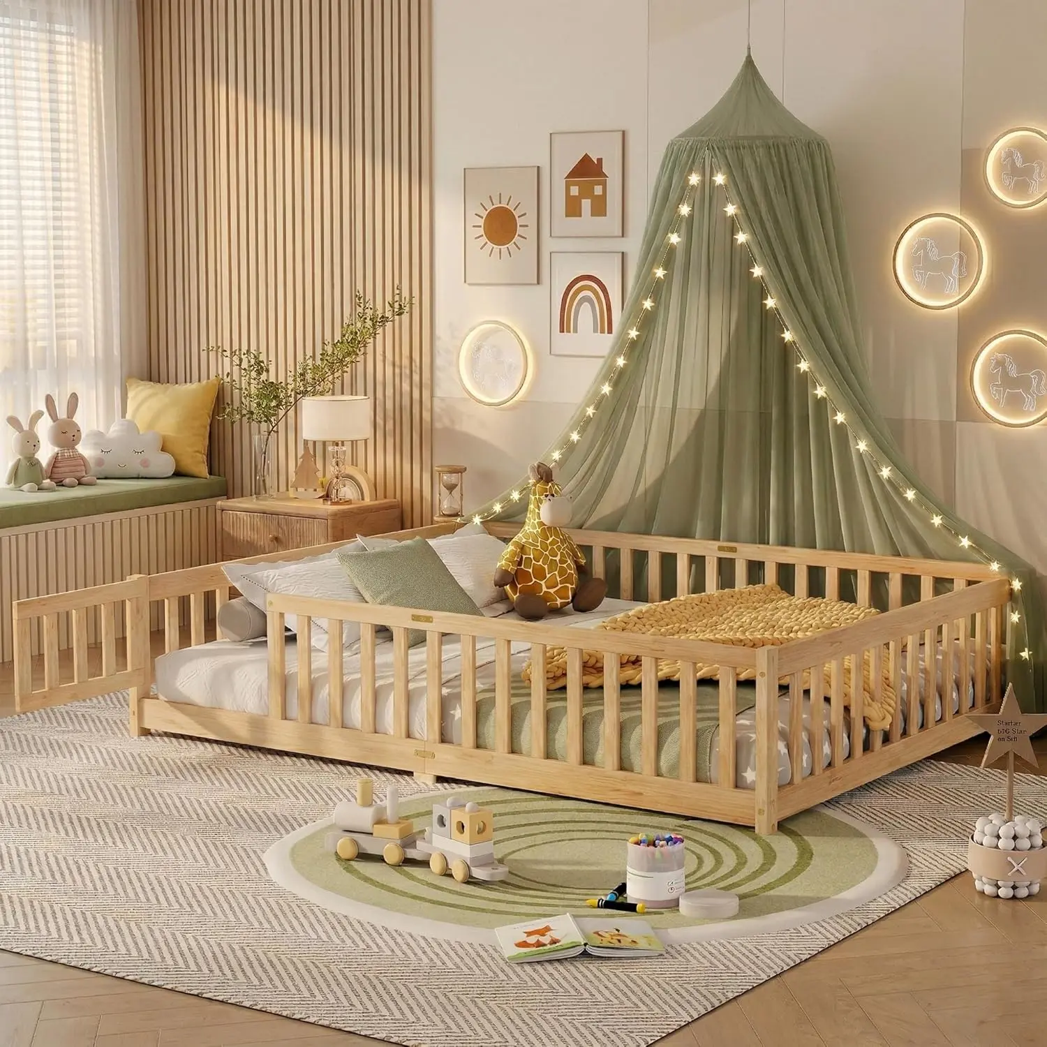 Queen Size Floor Bed with Slats and Door,Montessori Floor Bed Frame with High Rails,Queen Size Wood Kids Beds with Fence,No Box Spring Needed,Natural