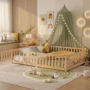 Queen Size Floor Bed with Slats and Door,Montessori Floor Bed Frame with High Rails,Queen Size Wood Kids Beds with Fence,No Box Spring Needed,Natural