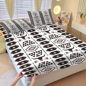 3Pcs Western Aztec Bull Skull Print Fitted Sheet Set, Stylish Southwestern Tribal Geometric Bed Sheet Set, Soft Microfiber Bedding Set with Pillowcases, Perfect for Bedroom & Dorm Decor - No Fillers