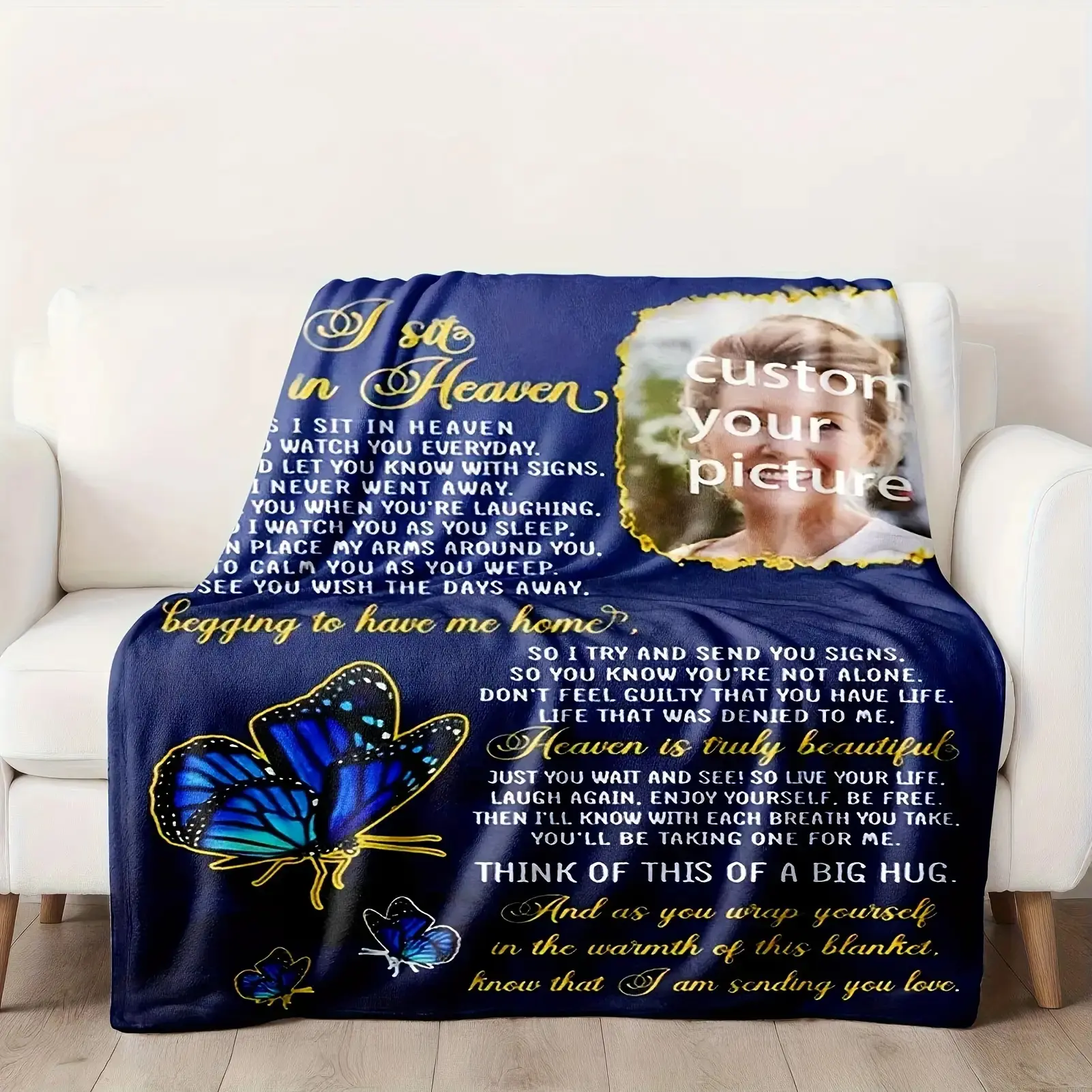 1 Custom Blanket with Photo, Sympathy Gift, Memorial Gift, Gift for Missing Loved Ones, Mourning Gift, Blanket Memorial Gift, Suitable for Family Members, Grandparents, Mom, Dad, Brothers and Sisters, Soft and Warm Flannel Fabric Blanket