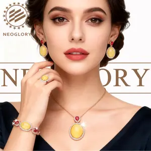 【NEOGLORY JEWELRY】 Four-piece set of high-end and elegant women's jewelry with red crystal and yellow jade inset, fashionable, individual and versatile women's bracelet, necklace, ring and stud four-piece jewelry gift box set punk