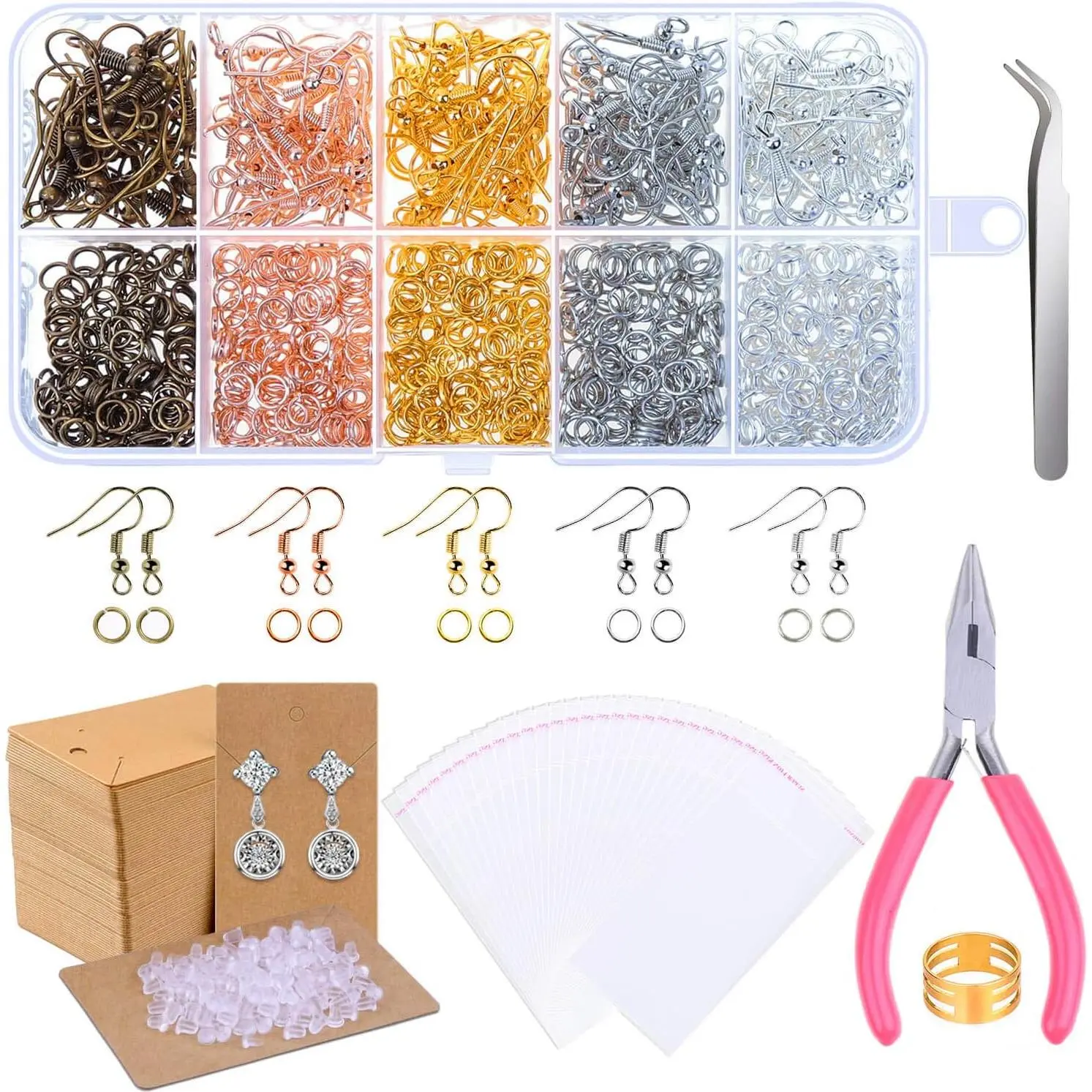 1350 count Earring Making Kit with Hooks, Rings, Pliers, Backs, Holder Cards and Clear Bags for DIY Earring Supplies and Findings
