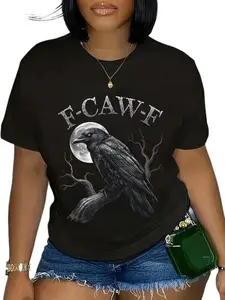 FEEGO Black Crow F Caw F Funny Black Bird Moon Gothic Adult Humor T Shirt Graphic Tee Spooky Aesthetic Streetwear Dark Humor Shirt Trendy Comfy Soft Casual Fit Halloween Vibes Alternative Style Edgy Look Statement Tee shirts  women