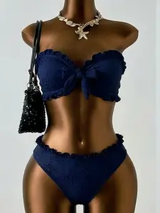 Two-Piece Bikini Set, Teenage Floral Pattern, Detachable Straps, Ruffled Edge, Bandeau Bikini Set, Cute Style, Fitted, Ideal for Vacation Swimwear, Summer Swimsuit Set