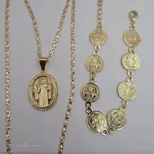 Saint Benedict Coins Style Set Chain with Bracelet Gold-Plated 24-Inch Necklace & Matching Bracelet Set