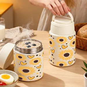 1pc 27/17oz Insulated Food Jar with Cute Sunflower and Hearts Pattern, Lunch Vacuum Soup Thermos For Hot Food with Inserts Stackable Bento Box Storage Container,Width Mouth Stainless Steel Portable Insulated Food