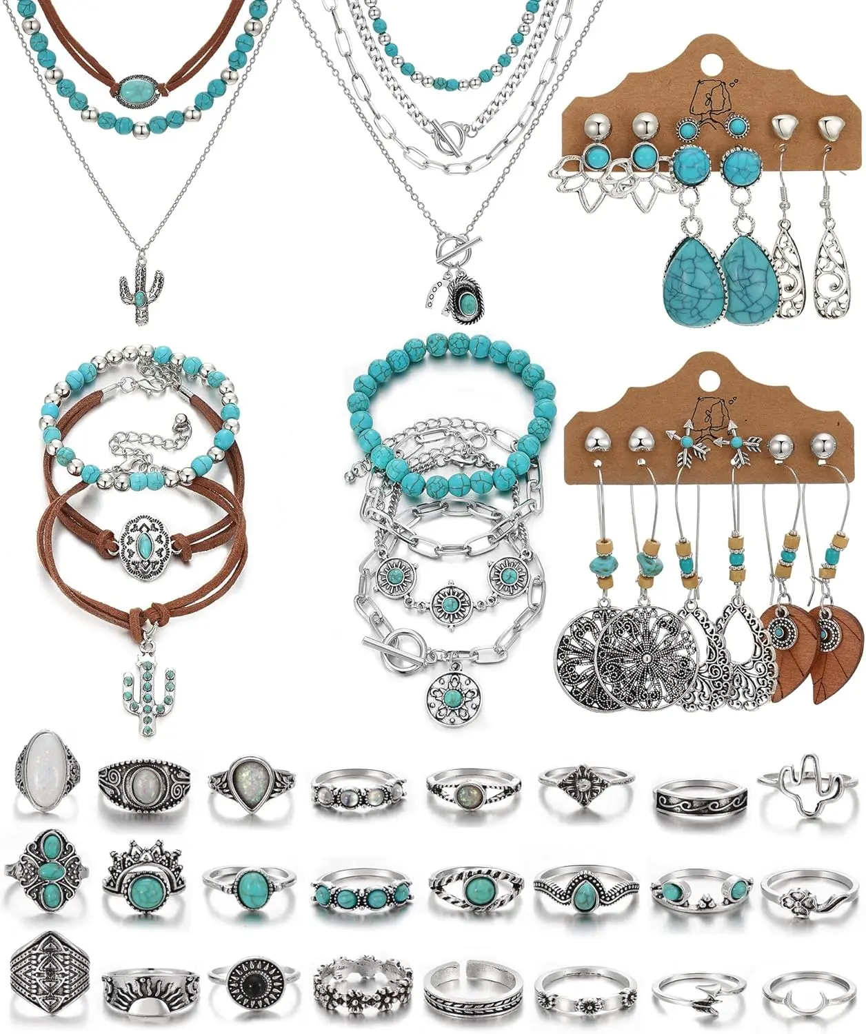 Bohemian Turquoise Jewelry Set for Women, Western Style with Necklace, Dangle Earrings, Stackable Bracelets, and Knuckle Rings, Friendship Birthday Gift, Ladies