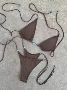 2026 New Sexy Bikini for Women, 2-Piece Solid Color Swimsuit, Triangle Strap Beachwear, Brazilian Style Female Bikini