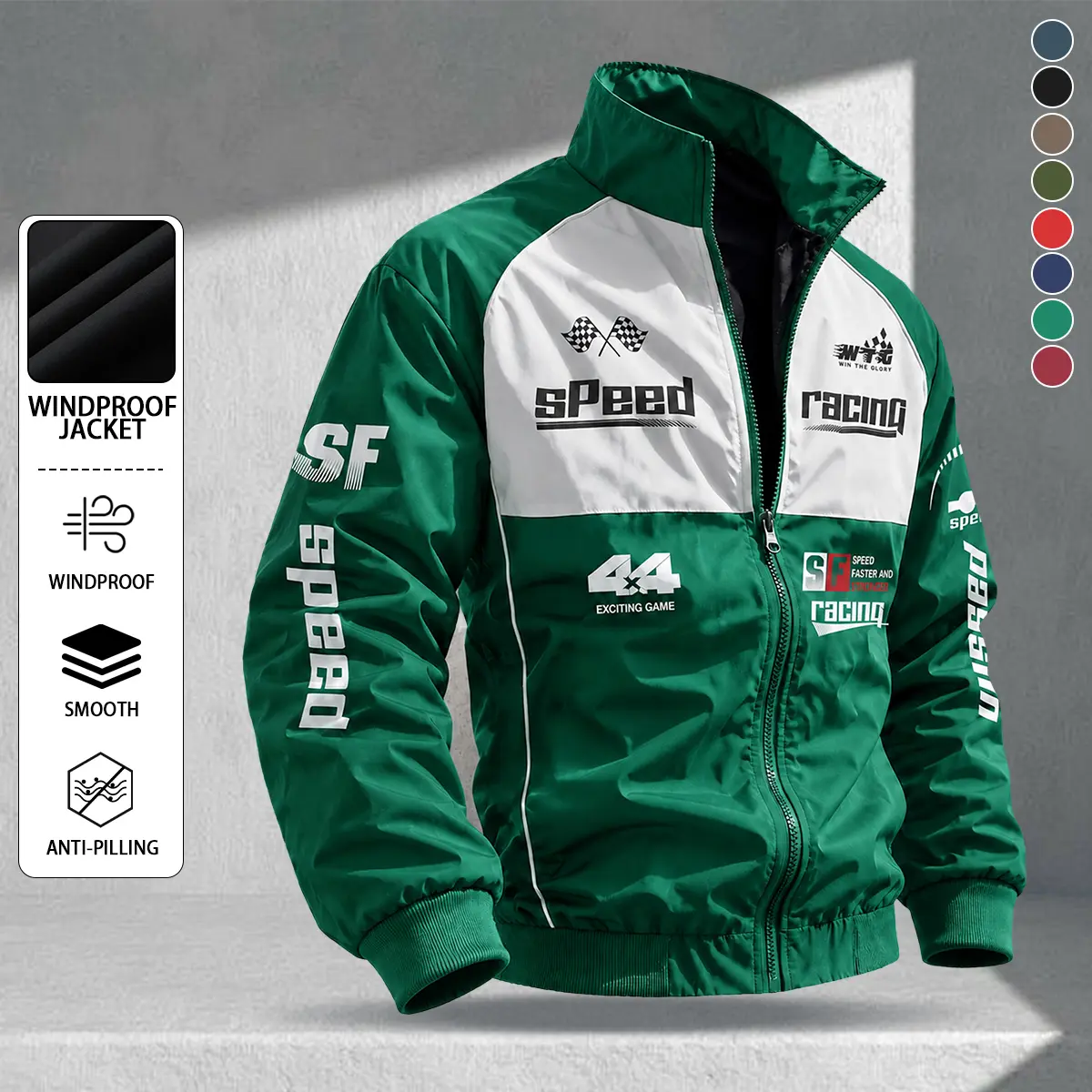 Men's American retro racing-style stand collar jacket | Green and white color-block motorcycle jacket, size 44, street-inspired functional design