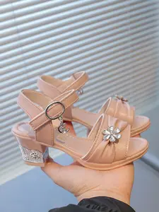 Water Drill Children High Heel Sandals Flower Decoration Chunky Heel Elegant Princess Shoes for Girls, Stylish Kids Footwear